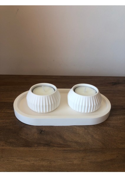 Duru 3 Parça Beyaz Rölyefli Mumluk Seti (Mum Hediyeli)