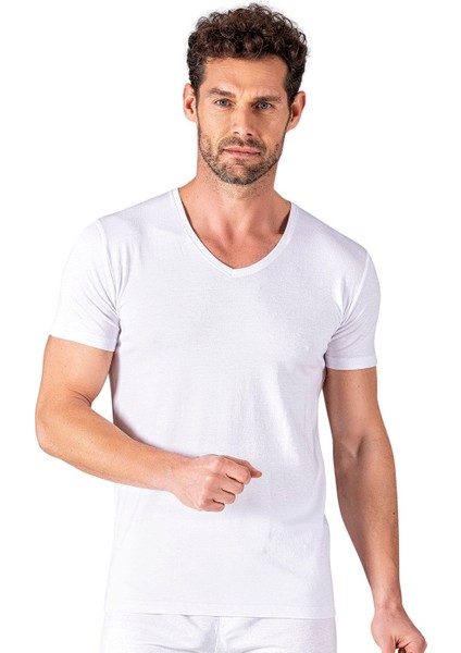 Pamuklu Modal V Yaka Kısa Kollu Tişört Fanila | Beyaz K11143