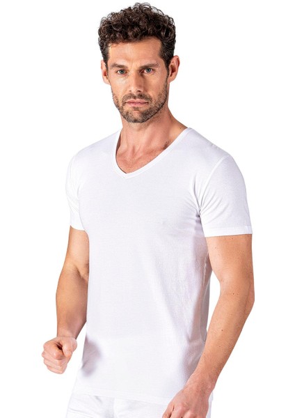 Pamuklu Modal V Yaka Kısa Kollu Tişört Fanila | Beyaz K11143 modelleri