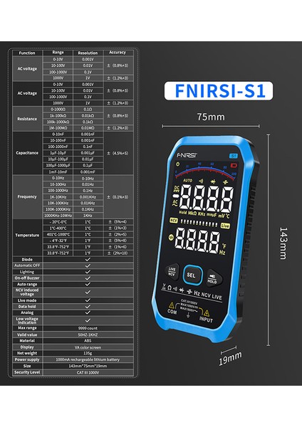 S1 Model Dijital Multimetre Akıllı Test Cihazı Ncv Ölçüm Ac/dc Otomatik Ölçüm 9999 Sayım