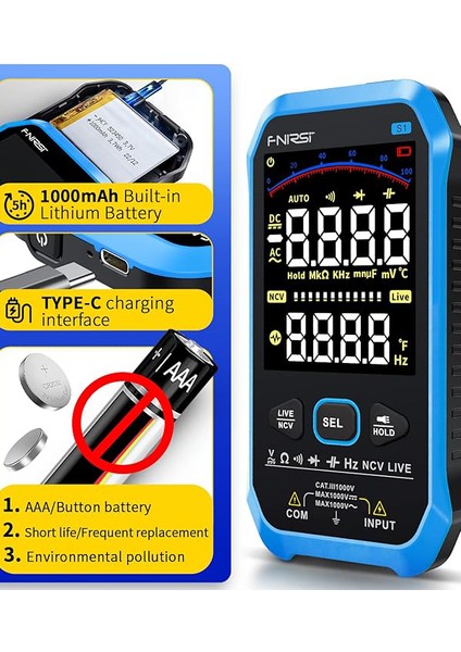 S1 Model Dijital Multimetre Akıllı Test Cihazı Ncv Ölçüm Ac/dc Otomatik Ölçüm 9999 Sayım