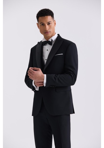 Siyah Çıkma Yaka Slim Fit Yelekli Damatlık