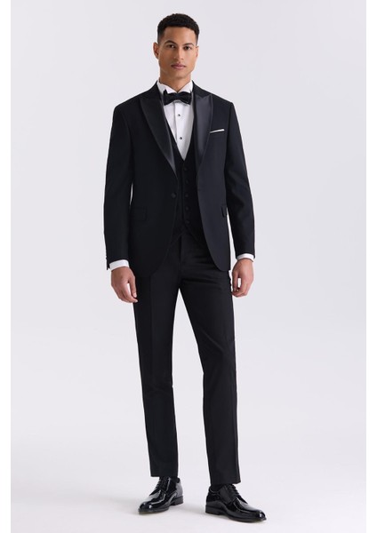 Siyah Çıkma Yaka Slim Fit Yelekli Damatlık