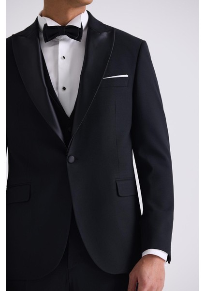 Siyah Çıkma Yaka Slim Fit Yelekli Damatlık