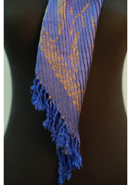 Mavi ve Cappuccino Rengi Desenli Pamuk Viskon Şal