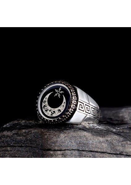 925 Ayar Gümüş Oval Ayyıldız Model Erkek Yüzük