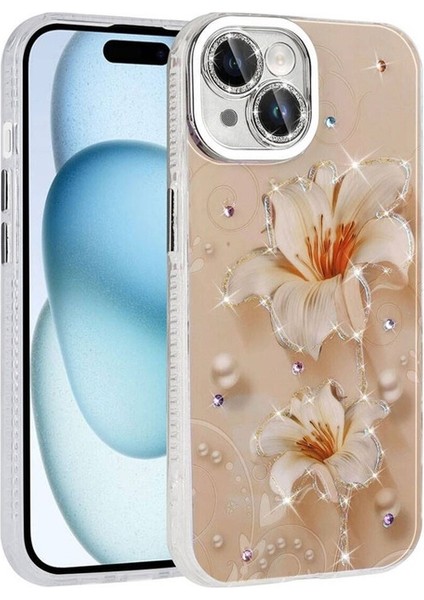 Apple iPhone 15 Uyumlu Kılıf Çiçek Desenli Parlak Taşlı Sert Silikon Zore Garden Kapak, Pembe Açık