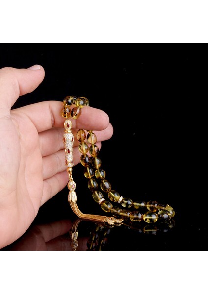 Zirkon Set Gümüş Püsküllü Çöp Fosilli Damla Kehribar Tesbih