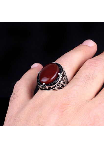 925 Ayar Gümüş Oval Akik Taşlı Erkek Yüzük fırsatları