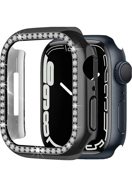 Megafox Teknoloji Siyah Apple Watch 44 mm Uyumlu Kasa Koruyucu Taşlı Renkli Sert Pc 360 Tam Koruma Ekran Koruyucu Gard