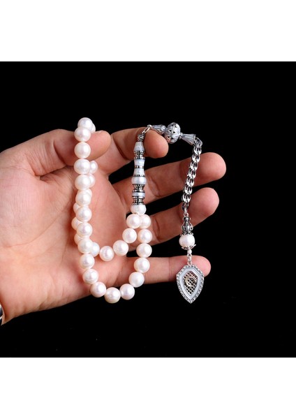 Gümüş Püsküllü Ayyıldız Mineli Model 10 mm Nakkaş Imameli Inci Taşı Tesbih