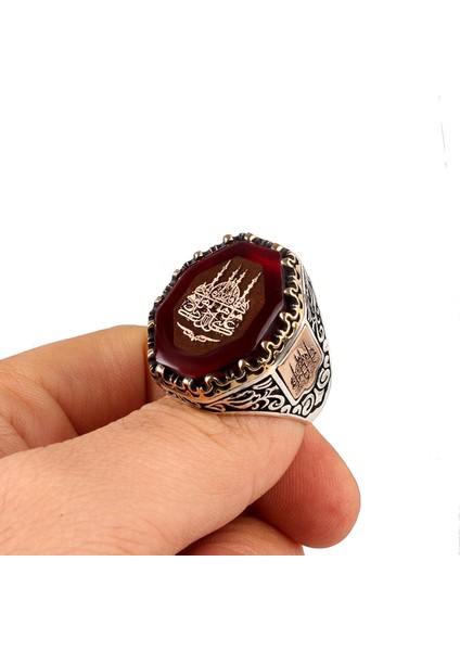 925 Ayar Gümüş Cami Motifli Kehribar Taşlı Erkek Yüzük