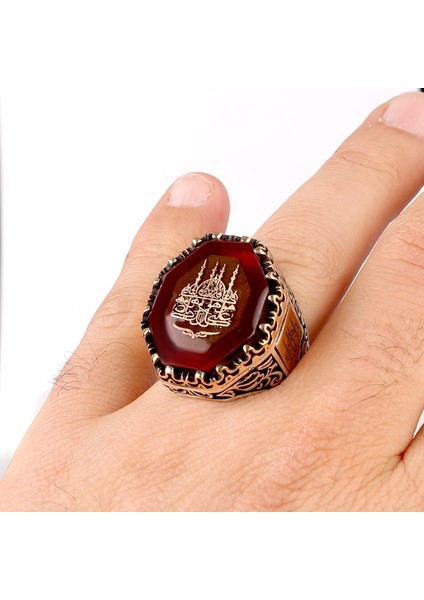 925 Ayar Gümüş Cami Motifli Kehribar Taşlı Erkek Yüzük fiyatları