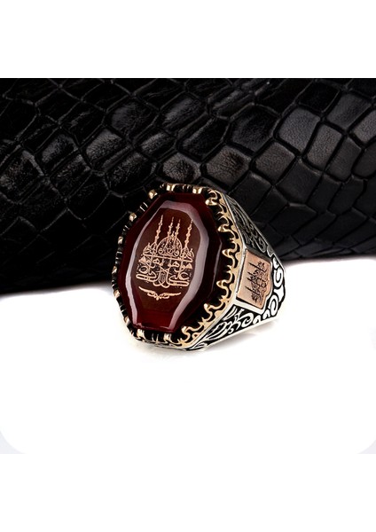 925 Ayar Gümüş Cami Motifli Kehribar Taşlı Erkek Yüzük modelleri