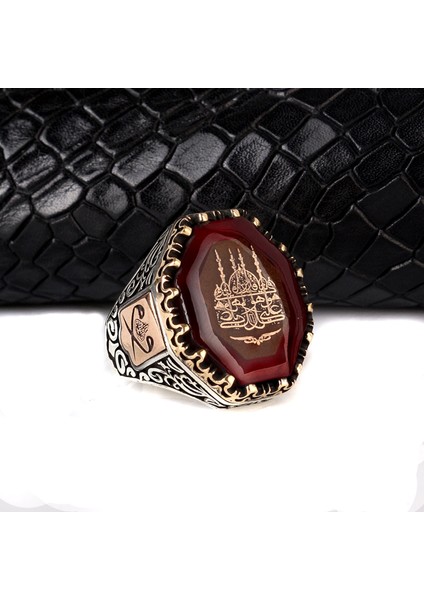 925 Ayar Gümüş Cami Motifli Kehribar Taşlı Erkek Yüzük fırsatları