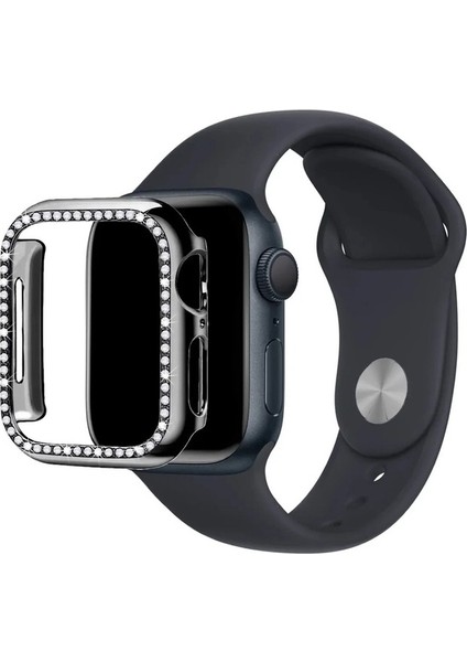 Siyah Apple Watch 45 mm Uyumlu Kasa Koruyucu Taşlı Renkli Sert Pc 360 Tam Koruma Ekran Koruyucu Gard fırsatları