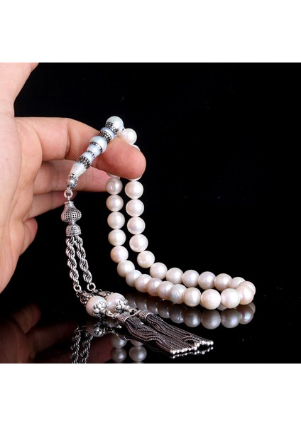 925 Ayar Gümüş Püsküllü 10 mm Nakkaş Imameli Inci Taşı Tesbih