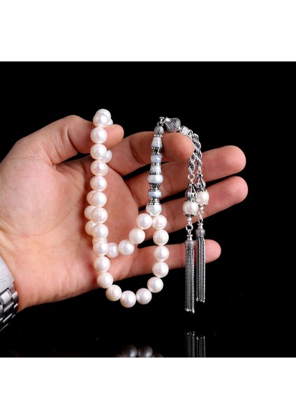 925 Ayar Gümüş Püsküllü 10 mm Nakkaş Imameli Inci Taşı Tesbih fiyatları