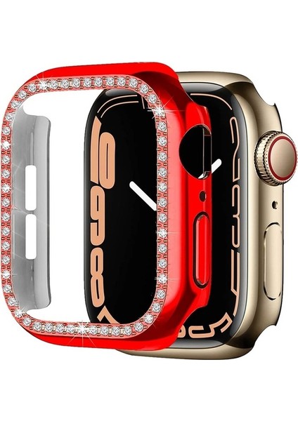 Kırmızı Apple Watch 40 mm Uyumlu Kasa Koruyucu Taşlı Renkli Sert Pc 360 Tam Koruma Ekran Koruyucu Gard