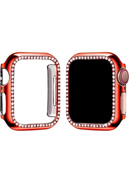 Kırmızı Apple Watch 40 mm Uyumlu Kasa Koruyucu Taşlı Renkli Sert Pc 360 Tam Koruma Ekran Koruyucu Gard modelleri