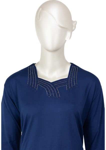 Kadın Turlu Viskon Penye Kumaş Anne Bluz Şık Taşlı ve Nakışlı Likralı Kare Yaka Tam Kalıp fiyatları