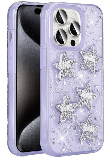 Apple iPhone 15 Pro Max Uyumlu Kılıf Airbagli Simli Arka Yüzey Zore Işıltı Silikon Kapak, Lila