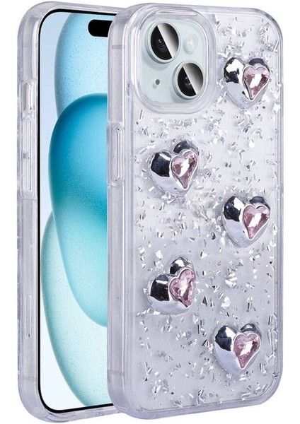 Apple iPhone 14 Uyumlu Kılıf Airbagli Simli Arka Yüzey Zore Işıltı Silikon Kapak, Beyaz-Kalp