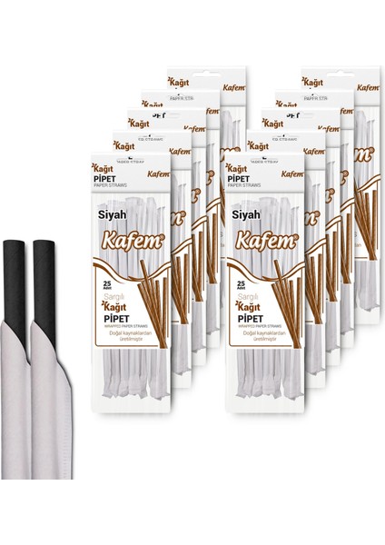 Sargılı Siyah Kağıt Pipet 19,5cm 25LI x 10 Paket
