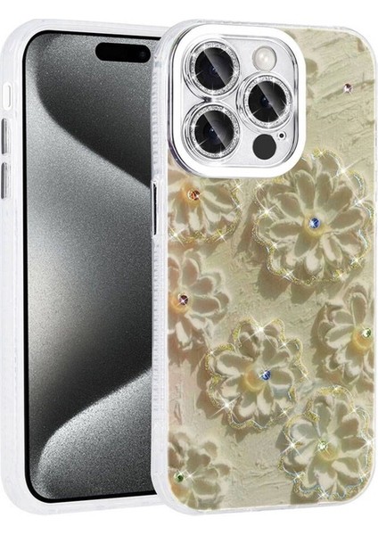 Apple iPhone 15 Pro Max Uyumlu Kılıf Çiçek Desenli Parlak Taşlı Sert Silikon Zore Garden Kapak, Beyaz