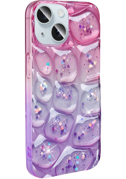 Apple iPhone 15 Uyumlu Kılıf Simli 3D Desenli Zore Hacar Kapak, Pembe-Mor
