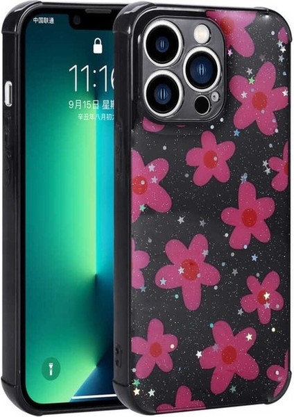 Apple iPhone 11 Pro Max Uyumlu Kılıf Simli Desenli Kamera Korumalı Parlak Popy Kapak, Çiçek