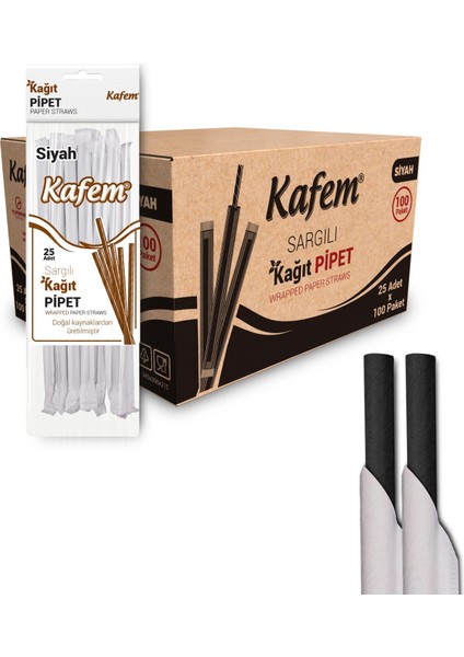 Sargılı Siyah Kağıt Pipet 19,5cm 25LI x 100 Paket (Koli)