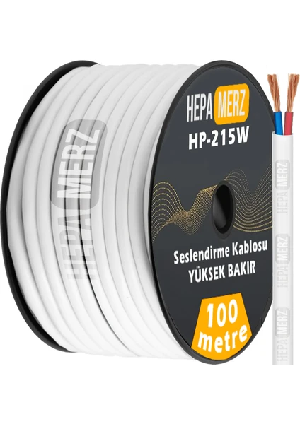 Hepa Merz Hp-215WH Tam Bakır 2x1.5 mm Hoparlör Ses Kablosu 100 Mt (Beyaz)