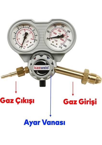 Kasweld 2103 Serisi Argon Gaz Basınç Düşürücü Çift Manometreli Tüp Regülatör Lülesi Kaliteli modelleri