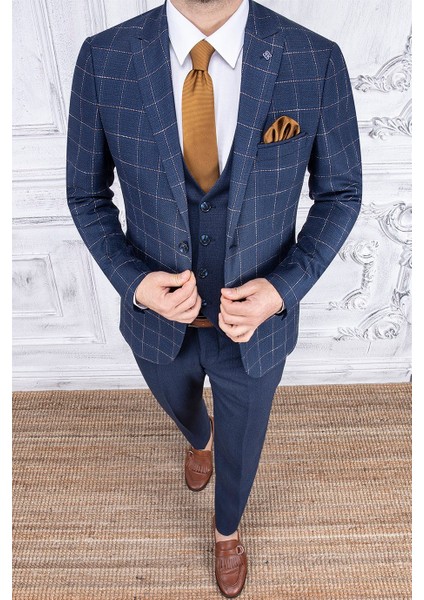 Erkek Slim Fit Sivri Yaka Ekose Yelekli Koyu Mavi Kombin Takım Elbise modelleri