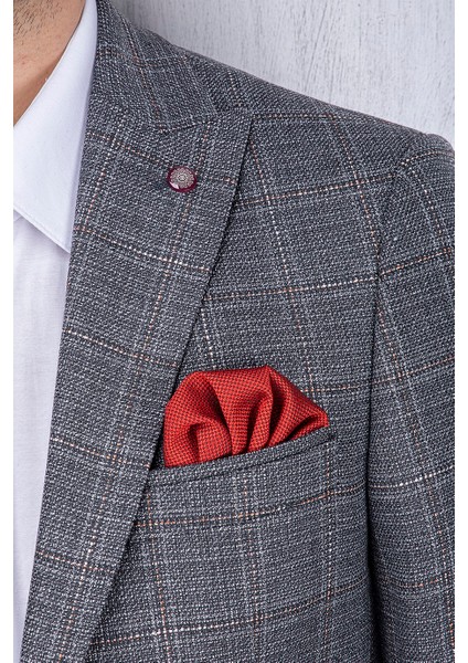 Erkek Slim Fit Sivri Yaka Ekose Yelekli Açık Gri Kombin Takım Elbise
