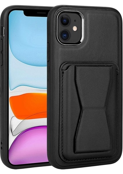 Apple iPhone 11 Uyumlu Kılıf Kartlıklı Standlı Pu Deri Memo Kapak, Siyah
