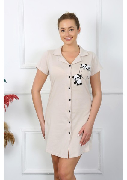 Kadın Pamuk Penye Kısa Kol Düğmeli Krem Tunik Gecelik 13109 fiyatları