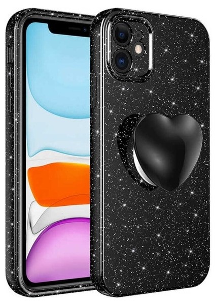 Apple iPhone 11 Uyumlu Kılıf Kamera Korumalı Simli Pop Soketli Lüks Koton Soketli Kapak, Siyah