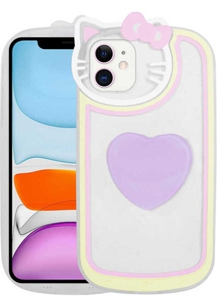 Apple iPhone 11 Uyumlu Kılıf Kedi Figürlü Transparan Pop Soketli Ritmik Kapak, Lila
