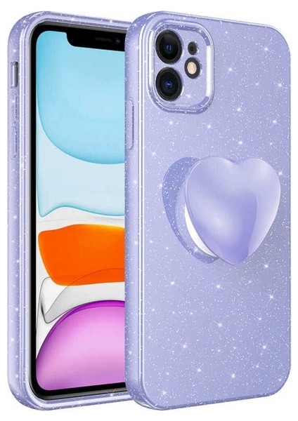 Apple iPhone 11 Uyumlu Kılıf Kamera Korumalı Simli Pop Soketli Lüks Koton Soketli Kapak, Lila