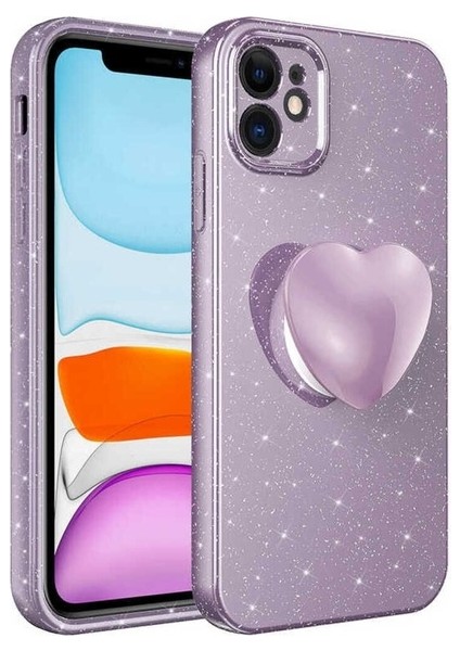 Apple iPhone 11 Uyumlu Kılıf Kamera Korumalı Simli Pop Soketli Lüks Koton Soketli Kapak, Mor