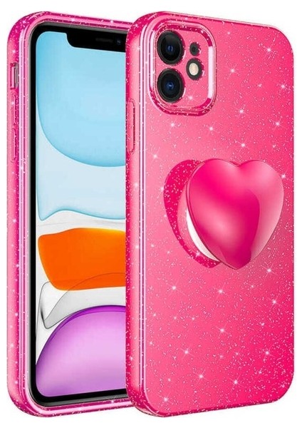Apple iPhone 11 Uyumlu Kılıf Kamera Korumalı Simli Pop Soketli Lüks Koton Soketli Kapak, Pembe Koyu