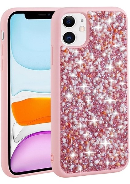 Apple iPhone 11 Uyumlu Kılıf Parlak Taşlı Tasarım Linea Kapak, Pembe