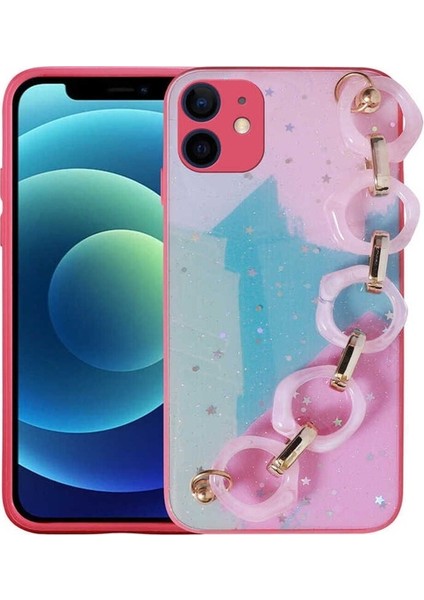 Apple iPhone 11 Uyumlu Kılıf Simli Desenli El Askılı Tutacaklı Elsa Silikon Kapak, Pembe Koyu