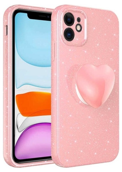 Apple iPhone 11 Uyumlu Kılıf Kamera Korumalı Simli Pop Soketli Lüks Koton Soketli Kapak, Pembe