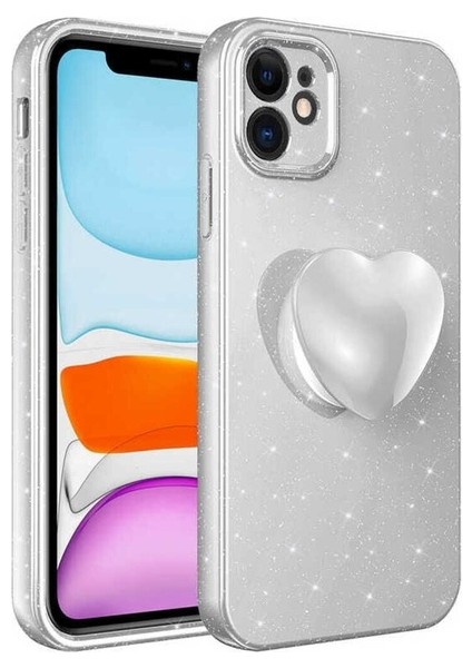 Apple iPhone 11 Uyumlu Kılıf Kamera Korumalı Simli Pop Soketli Lüks Koton Soketli Kapak, Beyaz