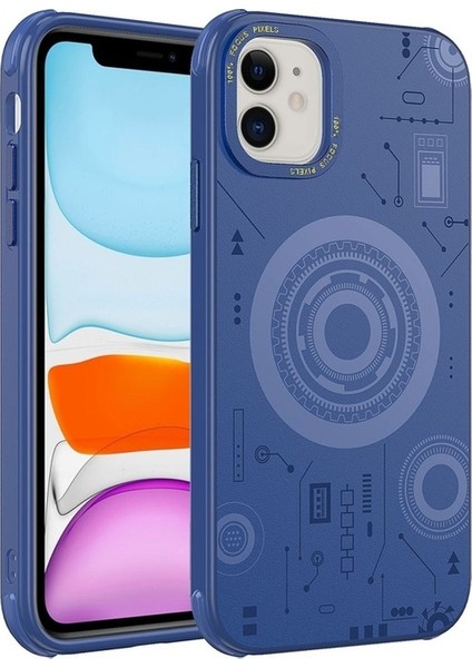 Apple iPhone 11 Uyumlu Kılıf Wireless Şarj Özellikli Desenli Hot Kapak, Lacivert