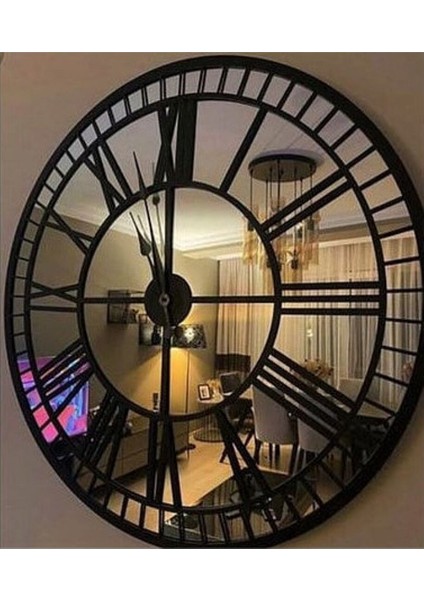 Şık Yuvarlak Dekoratif Duvar Saati, Gümüş ve Siyah Detaylar, 60 cm, Avangard Stil