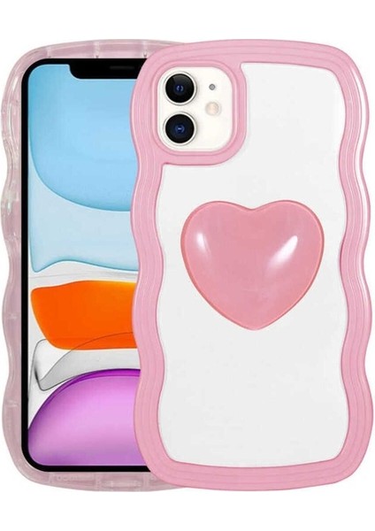 Apple iPhone 11 Uyumlu Kılıf Renkli Kalp Figürlü Ponçik Kapak, Pembe